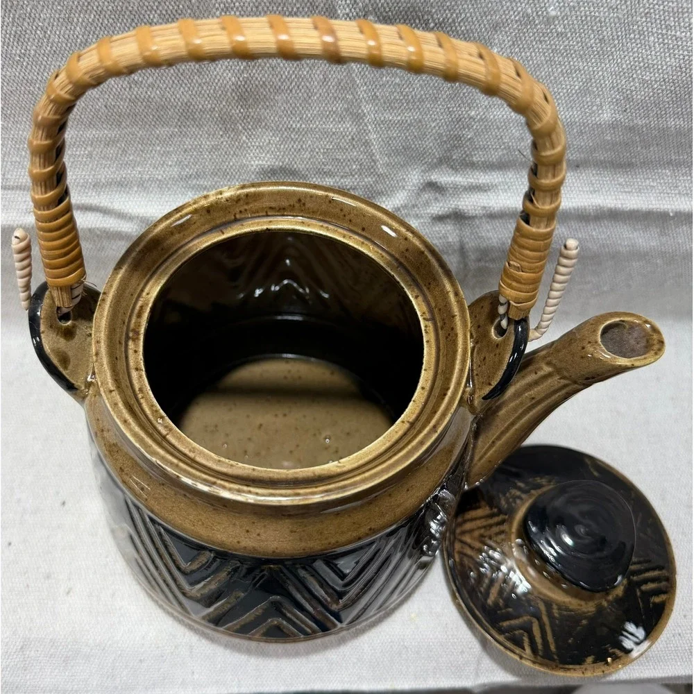 Vintage Japanese Ceramic Teapot Woven Bamboo Handle Brown Geometric MCM Japan